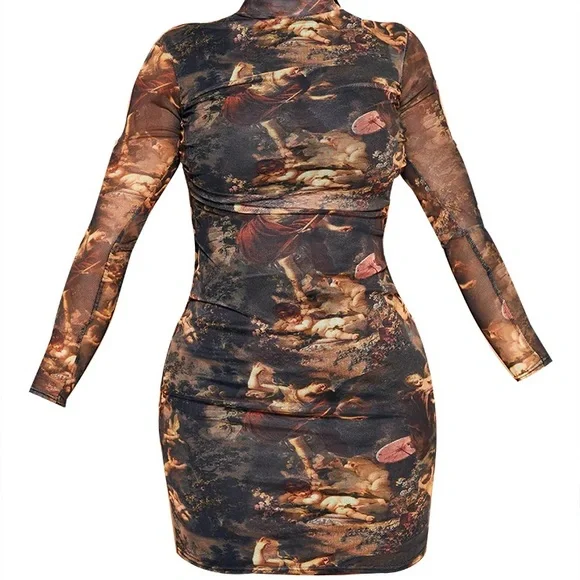 Pretty Little Thing Shape Renaissance Print High Neck Mesh Bodycon Dress - Picture 2 of 3